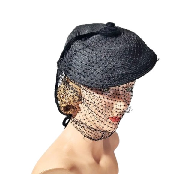 Vintage Accessories - 1940s Black Straw Round Tilt Hat With A Black Full Face Veil And Velvet Ties